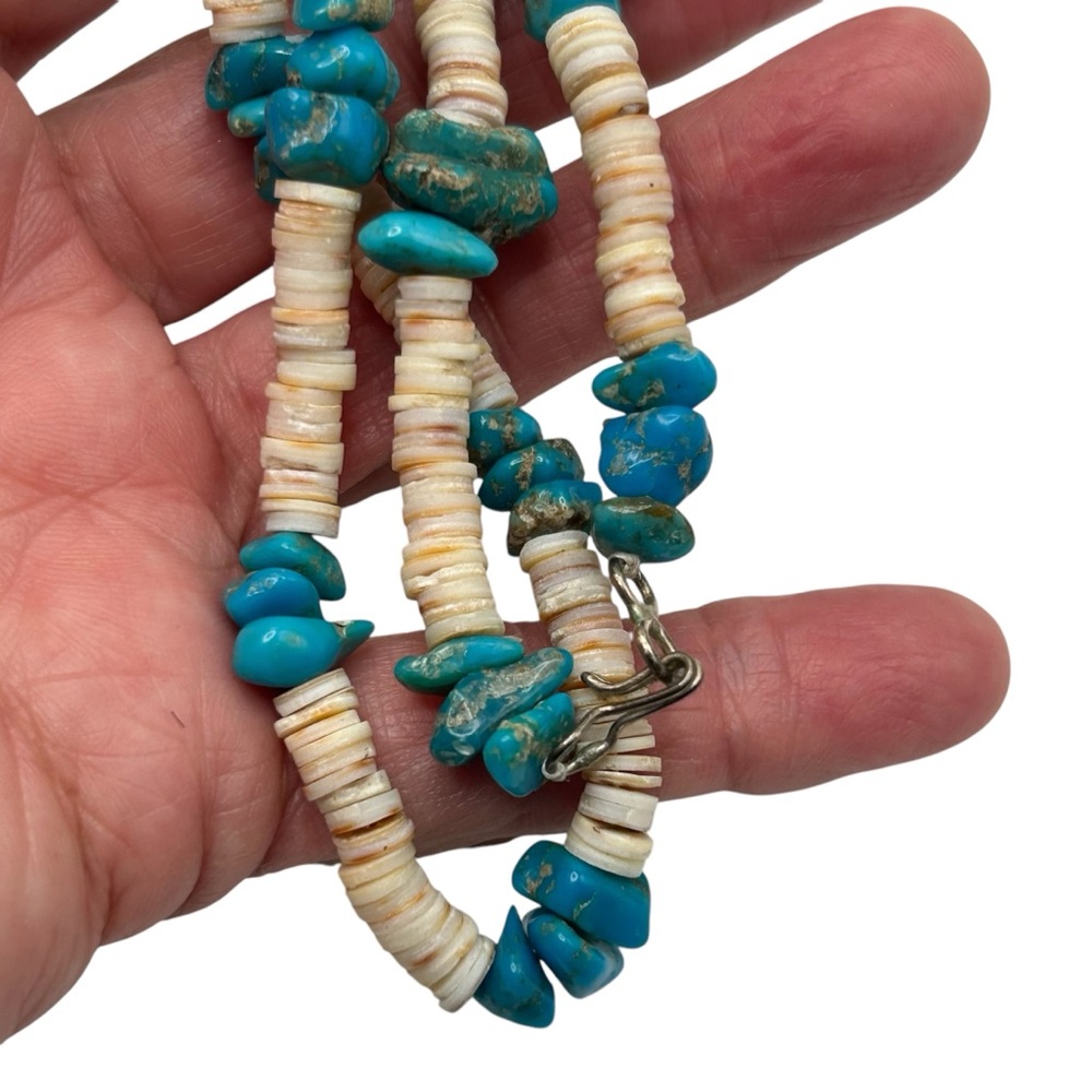 Native American Turquoise Nugget Shell Heishi Nec… - image 3